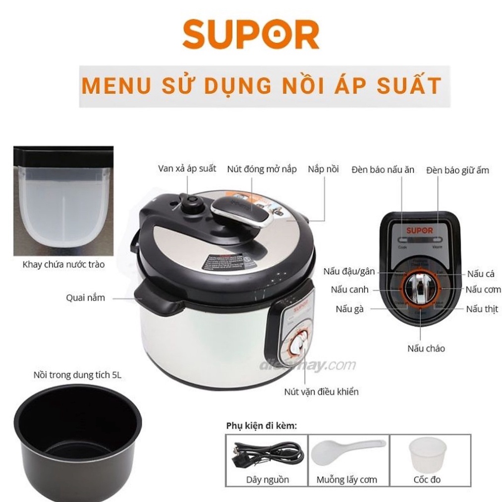 Nồi áp suất điện đa năng Supor ninh hầm,nấu cơm,nấu cháo,làm bánh .. 5L CYYB50YA10VN bh 12 tháng tặng kéo