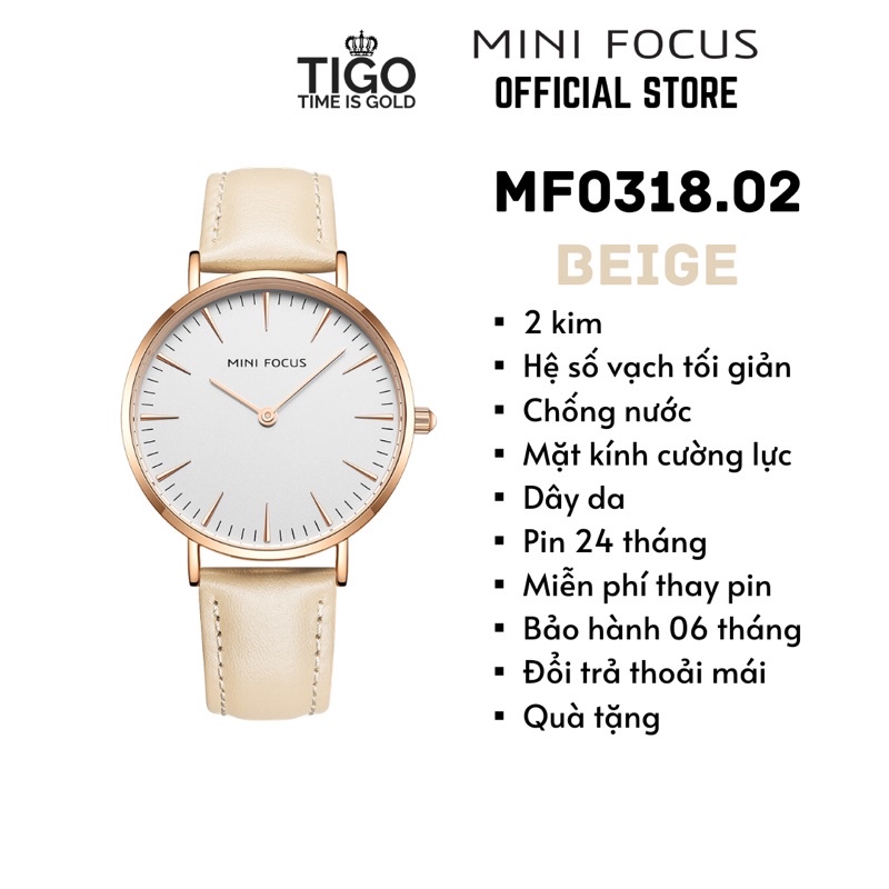 Đồng hồ nữ MINI FOCUS MF0318L.02 dây da thật màu da viền thép không gỉ màu vàng 2 kim hàng chính hãng cao cấp Nhật Bản