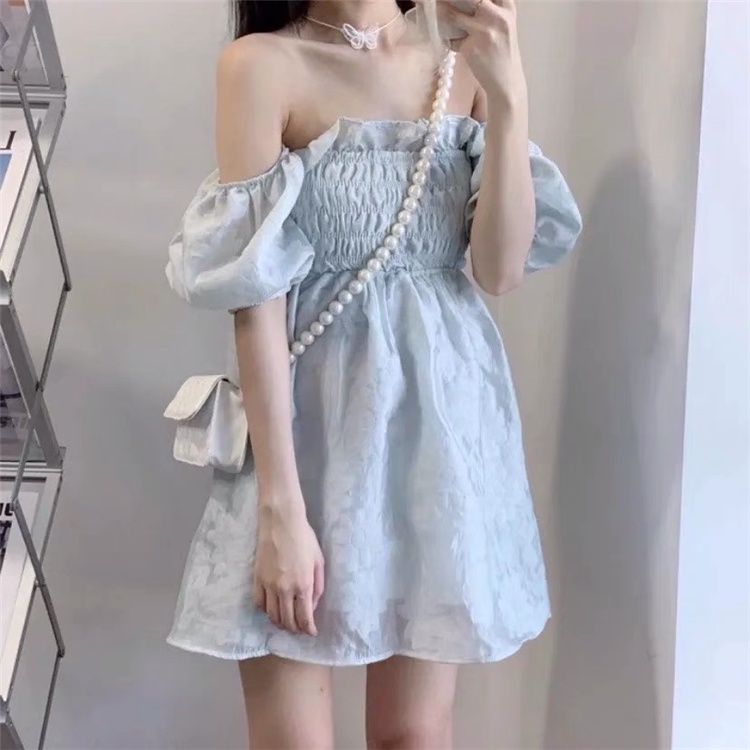 AMOI Đầm Ngắn Trễ Vai Tay Phồng Dễ Thương Dành Cho Nữ