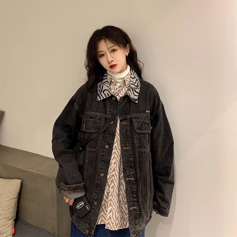 Áo Khoác Denim Dáng Rộng Họa Tiết Da Báo Phong Cách Retro Hong Kong Cho Nữ