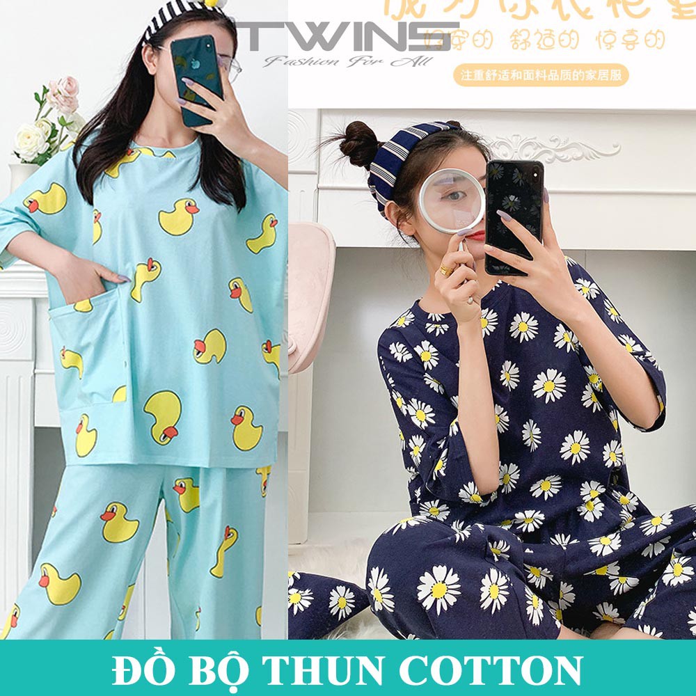 Bộ mặc nhà nữ cao cấp quần lửng chất thun cotton dày dặn thấm hút mồ hôi thoáng mát dễ thương hàng Quảng Châu