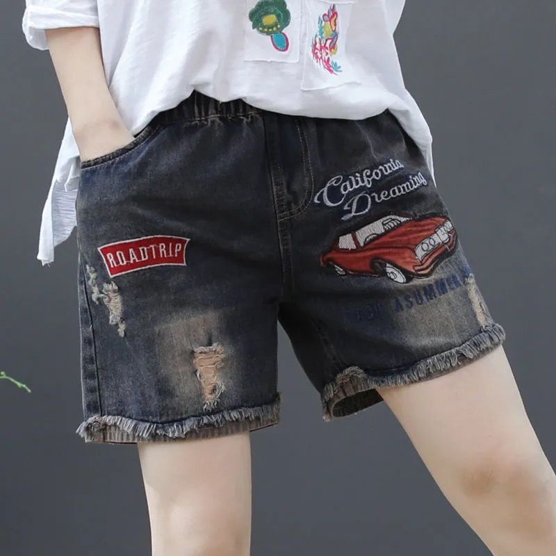 Quần short denim lưng cao dáng rộng thêu họa tiết mẫu mới thời trang mùa hè dành cho nữ 2021