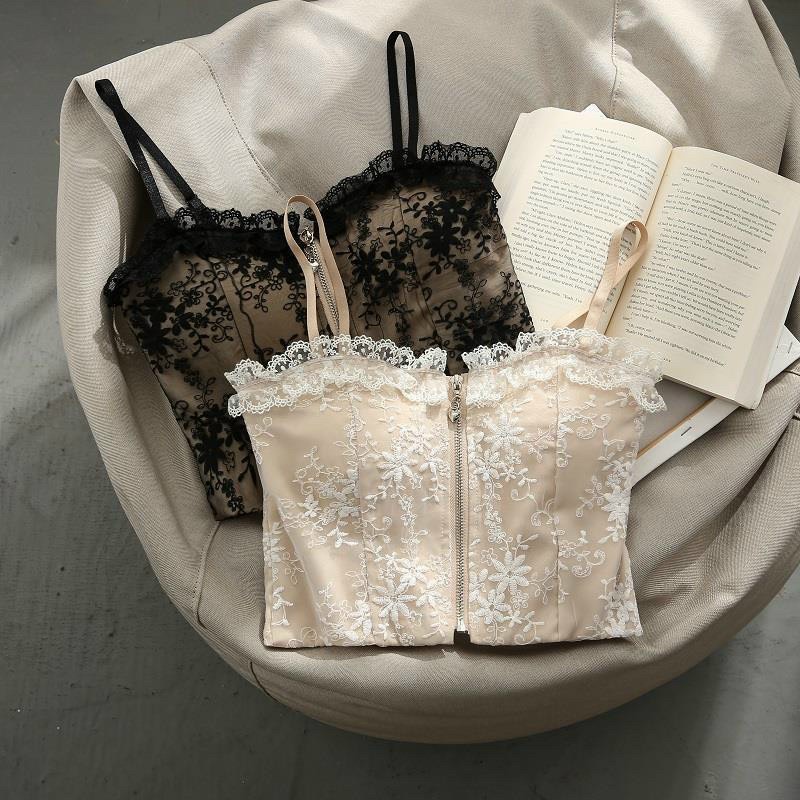 Áo Bra 2 dây corset ren thêu hoa khóa kéo sang chảnh 2210