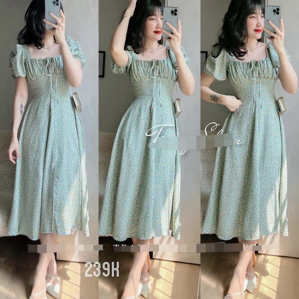 [Miễn phí ship] Đầm hoa nhí tay phồng, đầm xếp ly cổ vuông, đầm midi hoa Hàn Quốc, đầm vintage kiểu dáng maxi có mút dễ