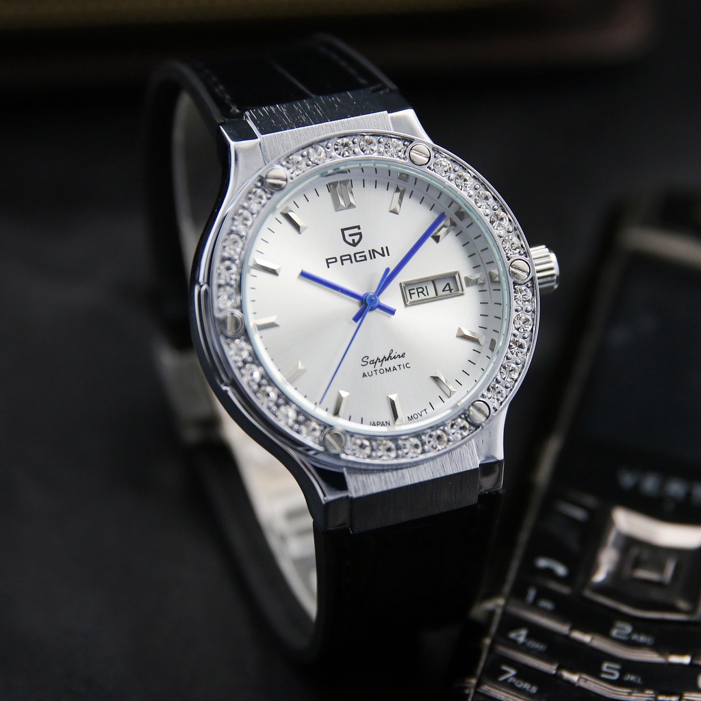 Đồng hồ cơ nam dây da chính hãng Pagini PA1852, đồng hồ automatic mặt tròn 40mm đính đá sang trọng.