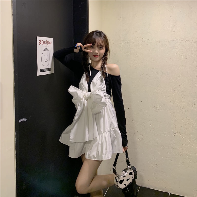 Bộ trang phục IELGY gồm áo trễ vai kèm đầm cổ yếm phối nơ thời trang retro cho nữ (có bán lẻ)