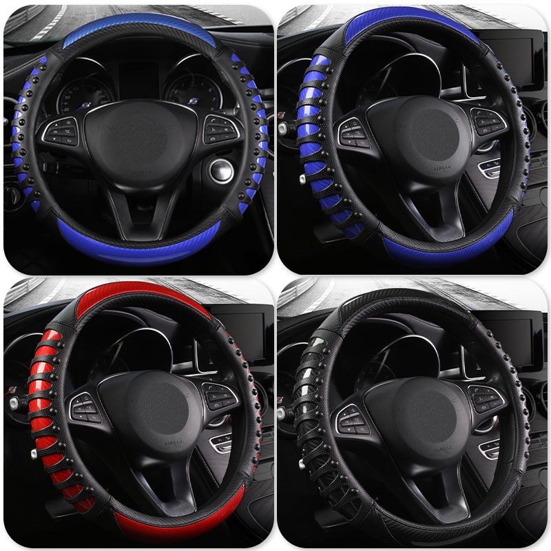 Vỏ bọc vô lăng xe hơi BLALION da nhân tạo chống trượt sợi carbon hai màu sắc kết hợp đa năng 38cm