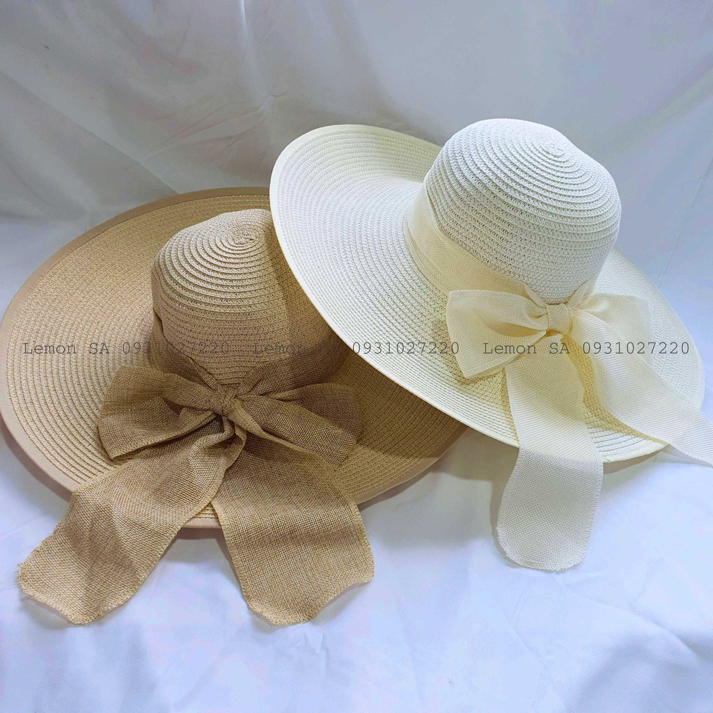 Mũ nón cói nữ rộng vành loại đại đi biển chống nắng phối nơ xinh xắn vành rộng 12cm, có hình thật, video - Mã CO008