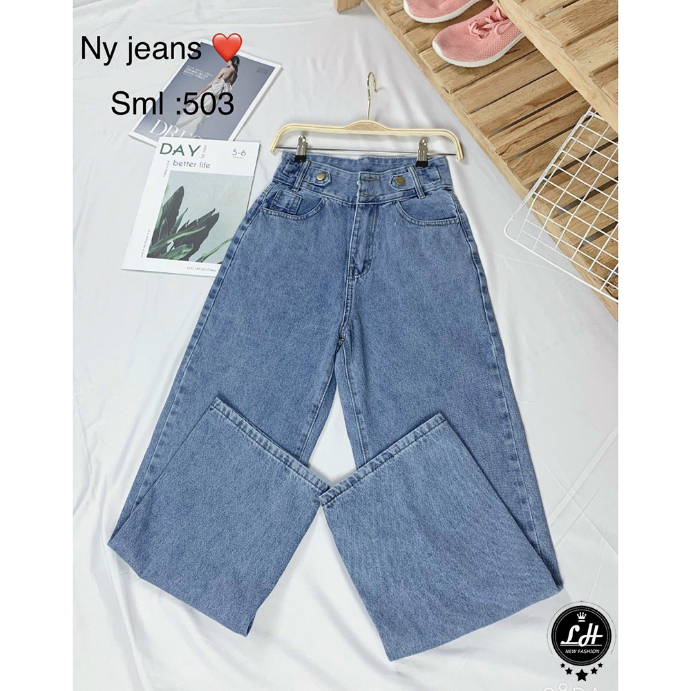 Quần jean ống rộng nữ bigsize Lê Huy Fashion lưng cao 2 nút màu xám đen kiểu khuyên lưng MS 503