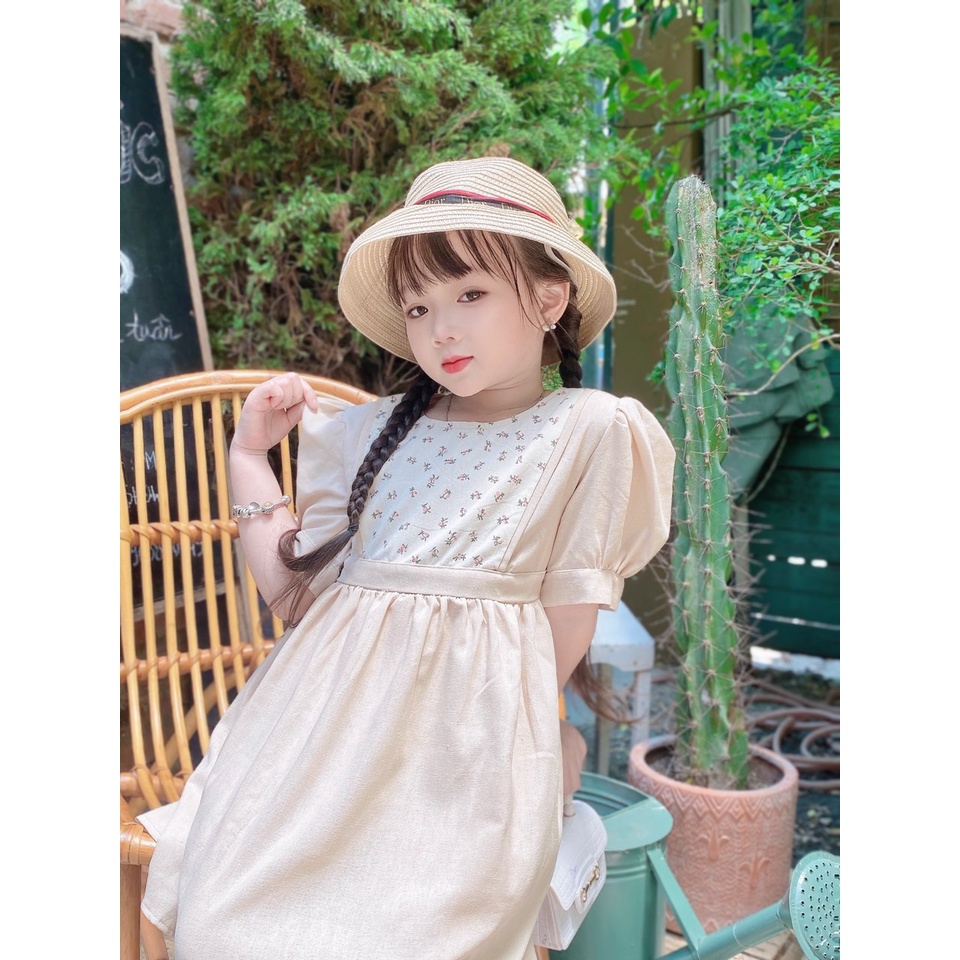 Váy đầm thiết kế vintage cho bé gái từ 8-32kg chất linen bột màu be mềm mịn mát
