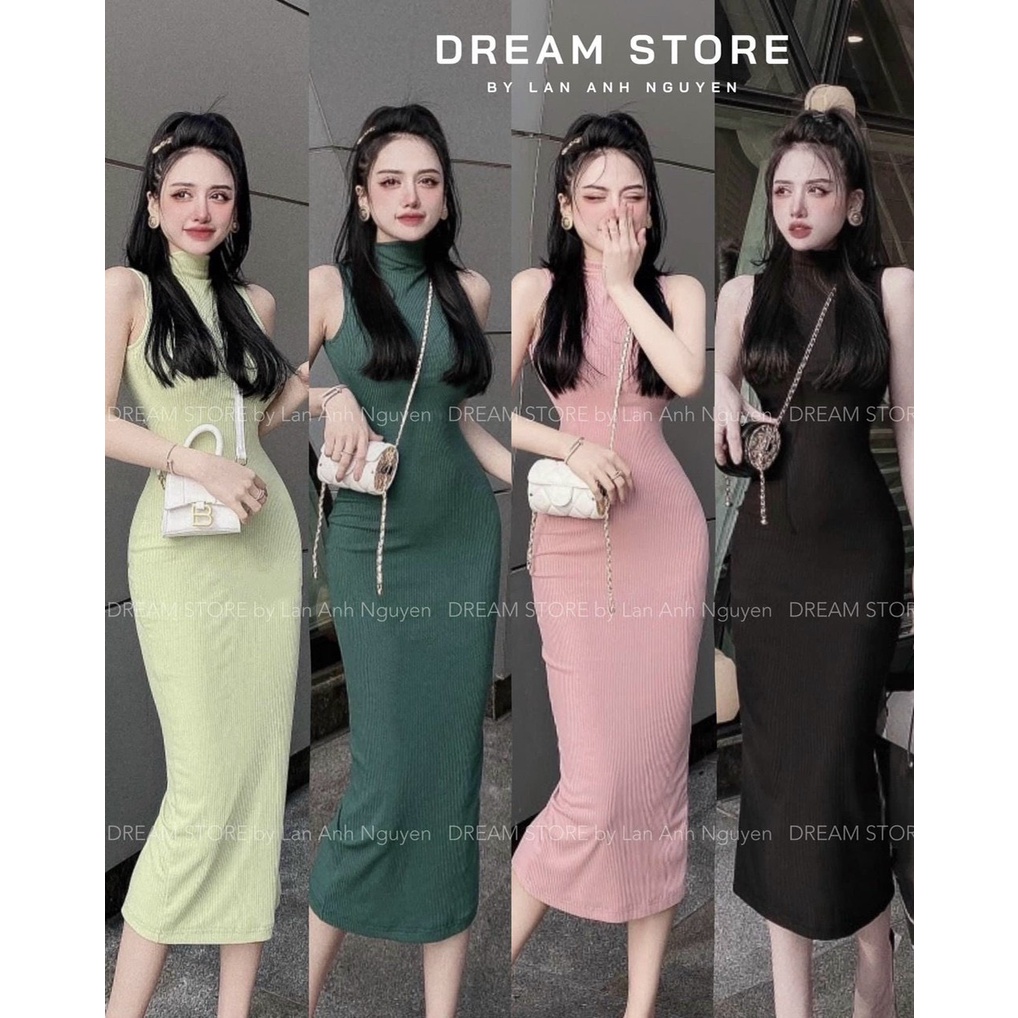 Đầm body cổ lọ sát nách thun gân dáng dài hot