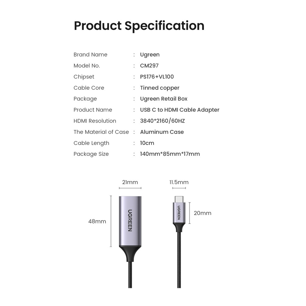 Cáp chuyển đổi UGREEN USB C sang HDMI 4K 60Hz Thunderbolt 3 Type C HDMI 2.0