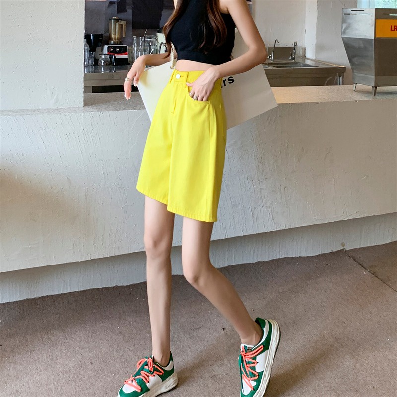 Quần Short Denim Lưng Cao Ống Rộng Màu Trơn Thời Trang Hàn Quốc Cho Nữ
