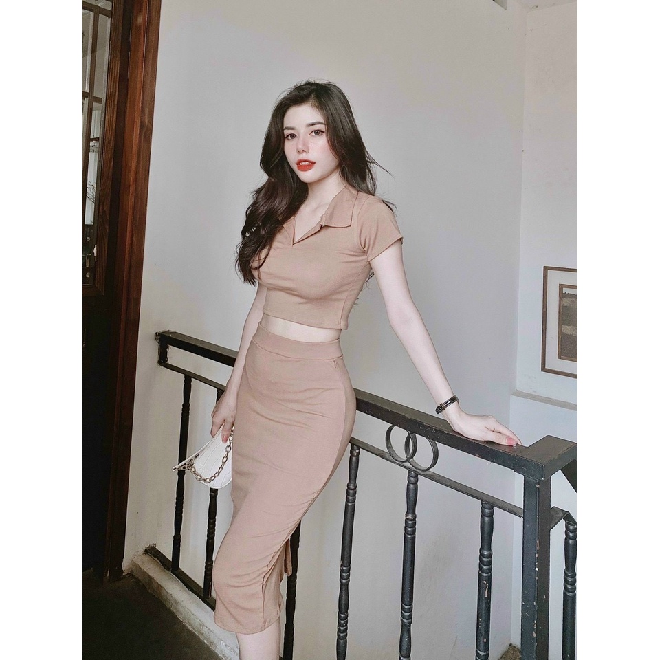 Set bozip xinh áo croptop cổ bẻ mix chân váy bút chì xinh