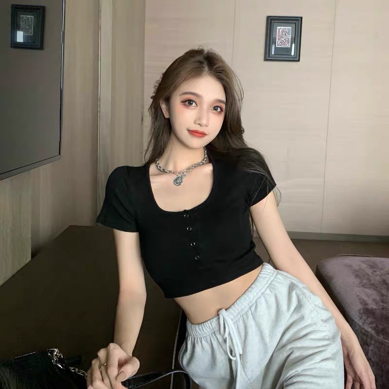 WANG JIAO ZHAN Áo croptop thun tay ngắn cổ tròn dáng ôm lưng cao thời trang