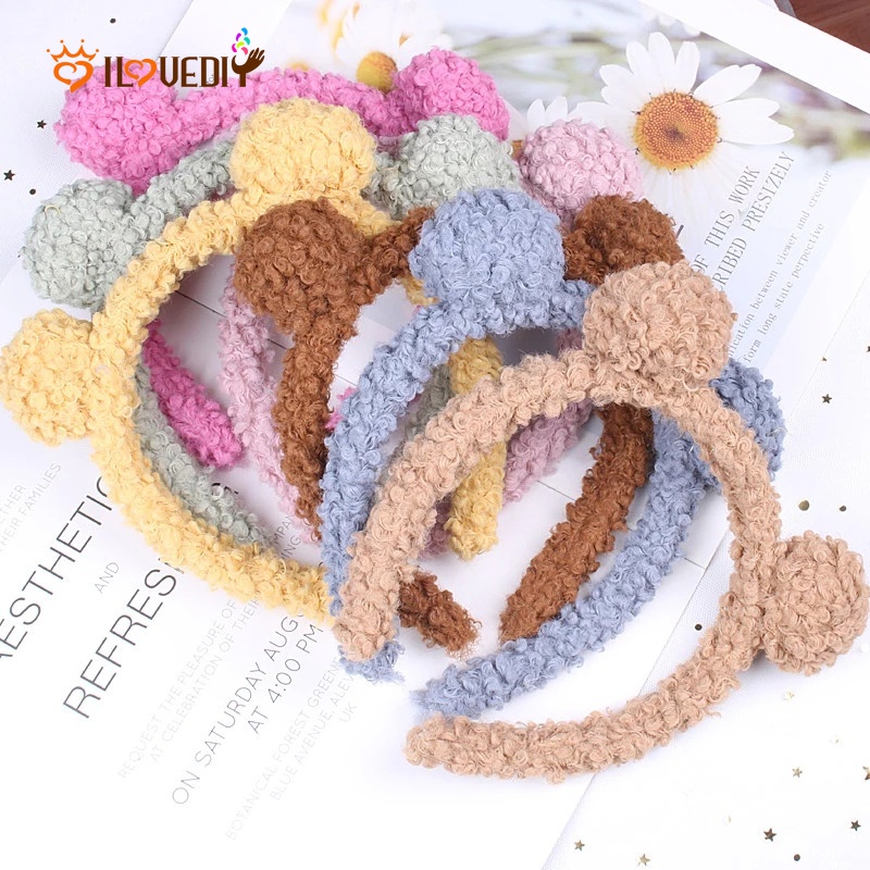 Băng đô cài tóc nhồi bông co giãn hình tai gấu màu kẹo phong cách Hàn cho nữ tắm rửa mặt trang điểm