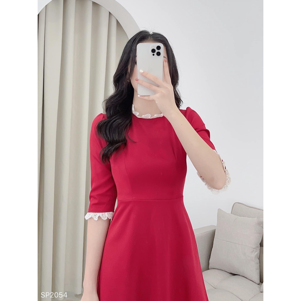 Đầm đỏ phối ren form chuẩn cực sang chảnh vải may loại 1 LiSaDress