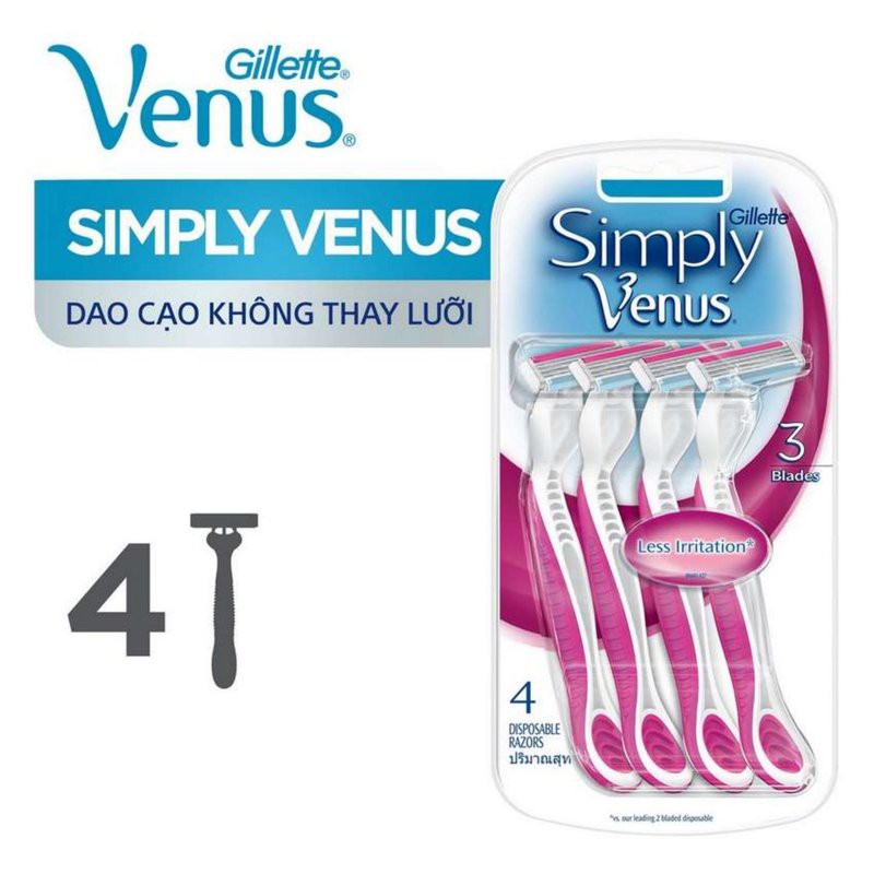 Dao cạo nữ Gillette Venus Simple 3 - Bộ 4 cây dao cạo Gillette Venus cho nữ