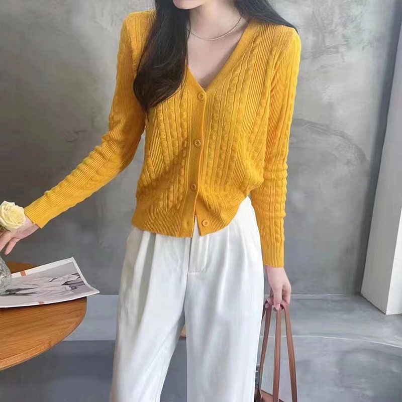 Áo khoác cardigan YEYA dệt kim ôm vừa vặn tay dài cổ chữ V thời trang mới dành cho nữ