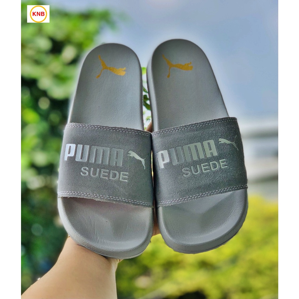 Dép 𝐏𝐔𝐌𝐀 ❤️FREESHIP + Hộp❤️ dép unisex 𝐌𝐋𝐁 quai ngang bóng chày thể thao nam nữ in PUMA da lộn, đế IP bền full xám