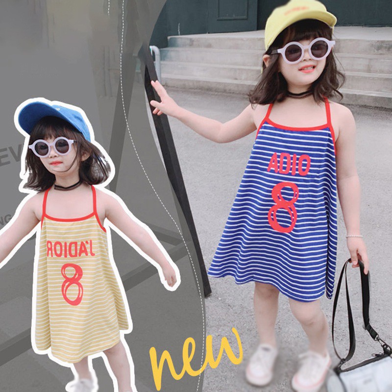 Đầm sát nách họa tiết kẻ sọc in chữ kiểu dáng phương Tây xinh xắn cho bé gái