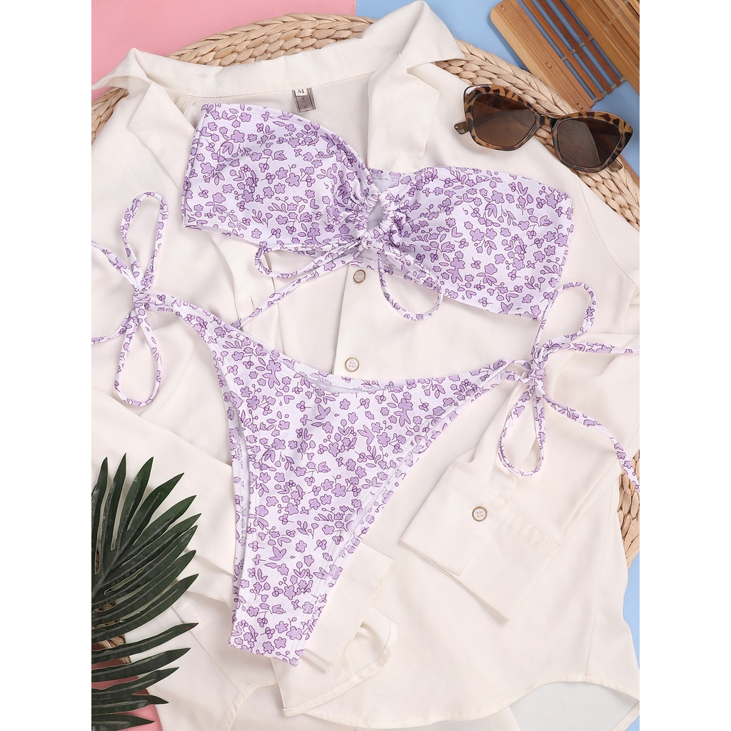 [BKN1495] &lt;ÂU&gt; SET BIKINI QUÂY NƠ NGỰC HOA NHÍ TÍM