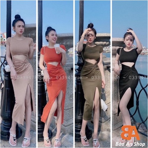 Đầm ôm body nữ kiểu hở xoắn eo Sexy tay ngắn chất vải thun gân len 4 chiều FreeSize, Váy Maxi form dài (Bảo An Hot)