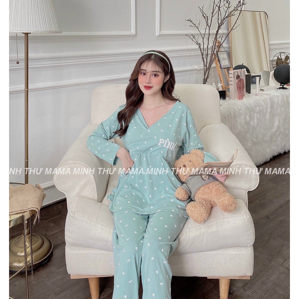 Bộ đồ bầu DÀI TAY PINK VẠT CHÉO họa tiết chấm bi chất cotton mặc bầu và sau sinh