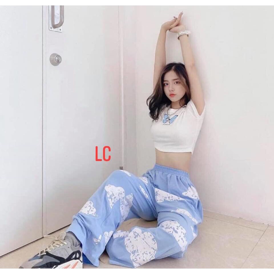 Set Áo Thun Croptop Body Bướm + Quần Cullotes Ống Rộng Vân Mây Xanh Siêu | BigBuy360 - bigbuy360.vn