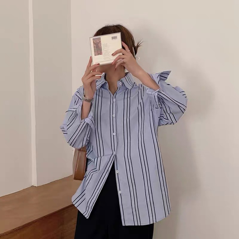 Áo sơ mi kẻ sọc mùa hè phom oversized chất cotton mịn mát - AV818