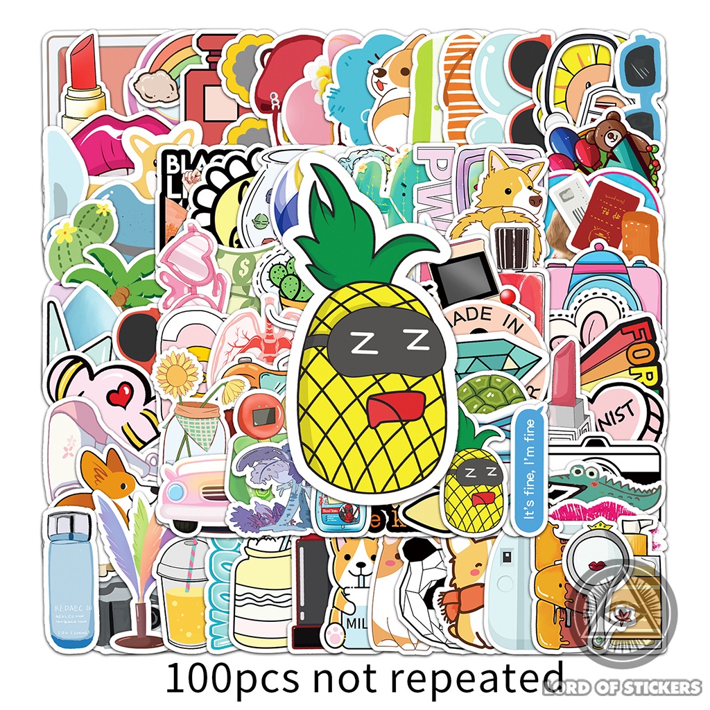 Set 100 Nhãn Dán Graffiti Sticker Cute Phong Cách Hoạt Hình Dễ Thương Chống Thấm Nước Trang Trí Mũ Bảo Hiểm, Laptop, Sổ