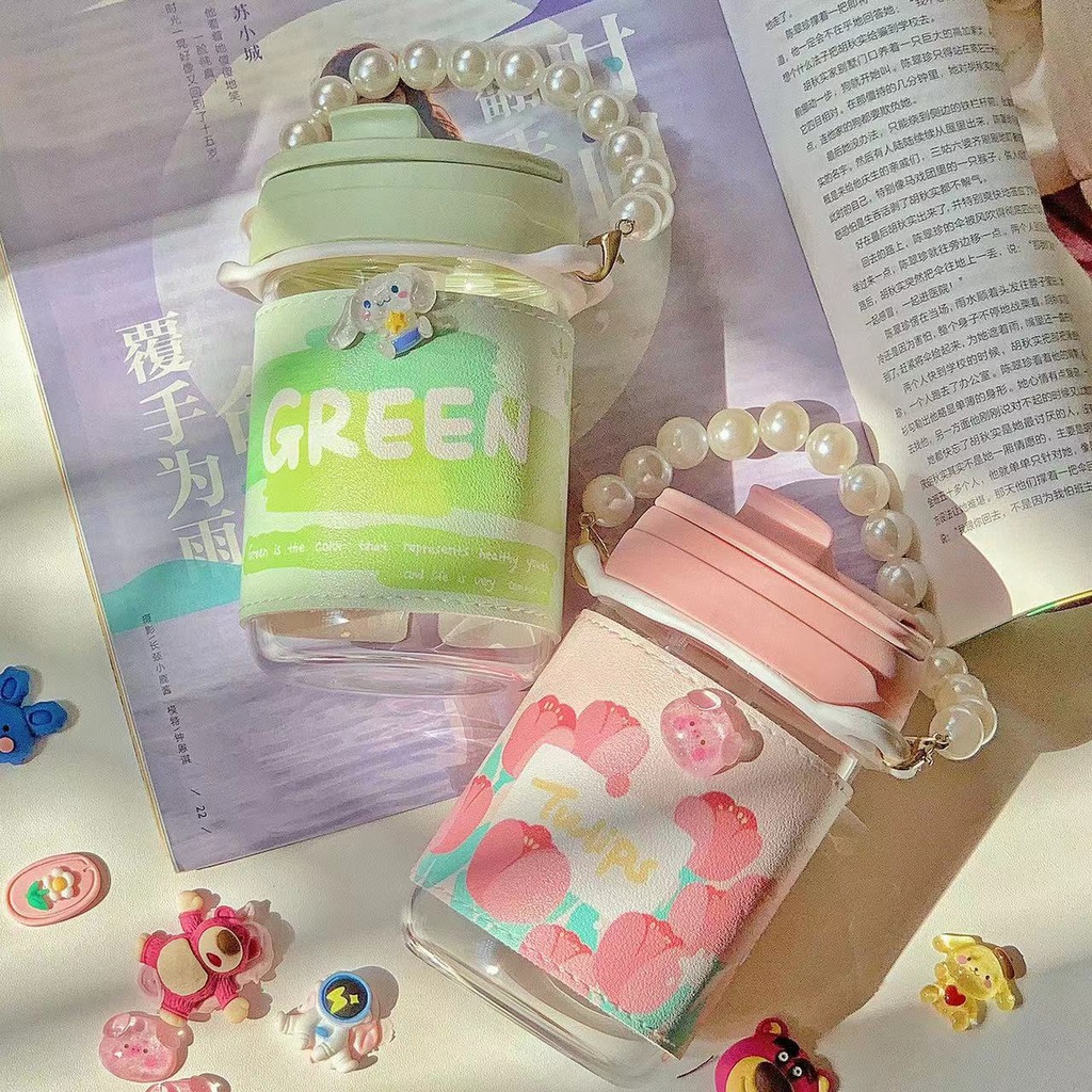 [Dây Ngọc Trai Miễn Phí Dây Buộc] Bình Nước Thủy Tinh Cofee Không BPA Phong Cách Ins Nhỏ Gọn