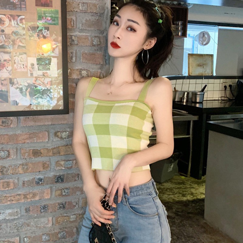Áo Croptop Áo Tank Top Nữ Áo Dệt Kim Hai Dây Họa Tiết Kẻ Sọc Caro Gợi Cảm Cho Nữ