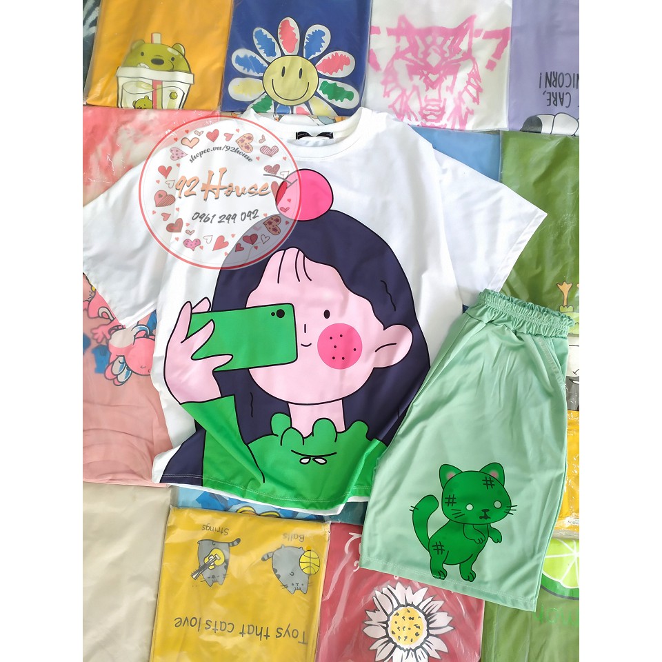 Đồ bộ hoạt hình tay lỡ unisex bé gái form rộng freesize