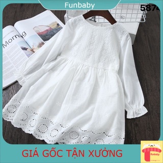 Váy dài tay bé gái 3-12 tuổi vảy thô mềm thêu hoa đục lỗ, Đầm trắng cho bé gái chất liệu cao