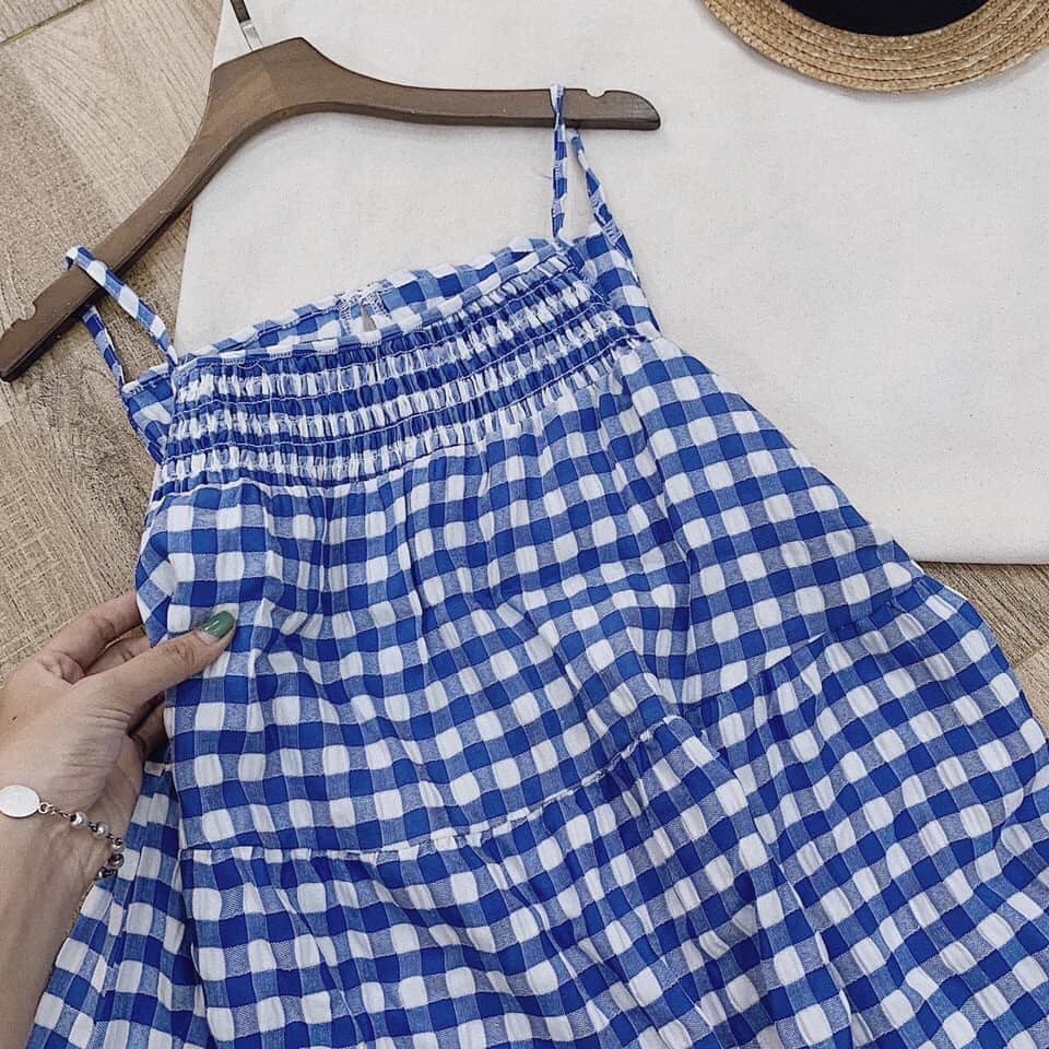 Váy hai dây kẻ caro xanh dáng babydoll phong cách tiểu thư thời trang nữ