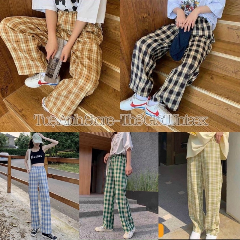 [10 MÀU] Quần kẻ sọc caro dáng suông ống rộng -Quần dài nữ hack dáng chất kate cao cấp form rộng Unisex Freesize 40-68kg