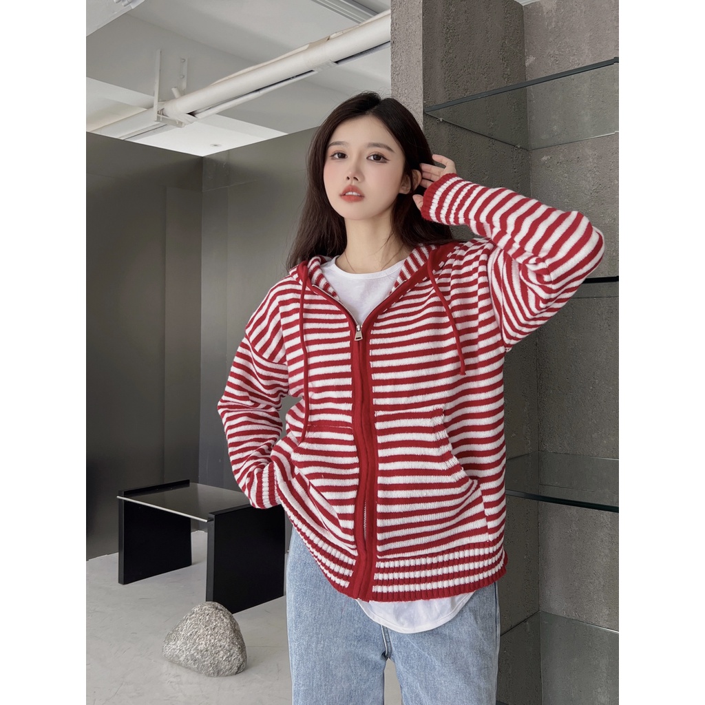 DUNEA Áo Khoác Cardigan Có Nón Họa Tiết Kẻ Sọc Màu Tương Phản Cho Nữ