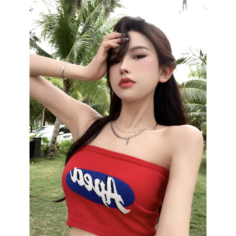 Áo ống kumikumi đan len in logo phong cách Âu Mỹ thời trang cho nữ