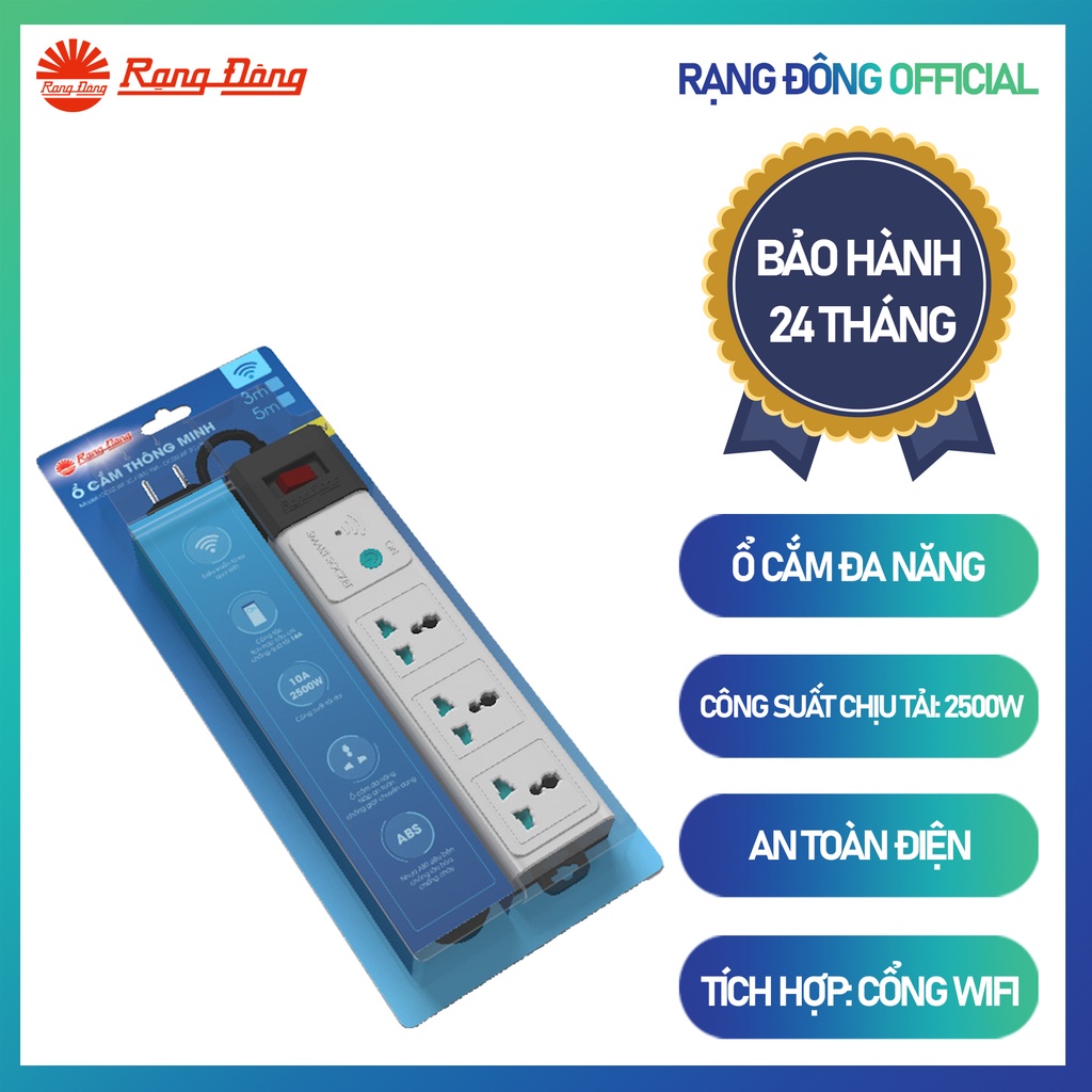 Ổ cắm thông minh Wifi 3m Rạng Đông Điều khiển từ xa chống xung điện áp cao, xung sét tích hợp rơ le chống quá tải 15A