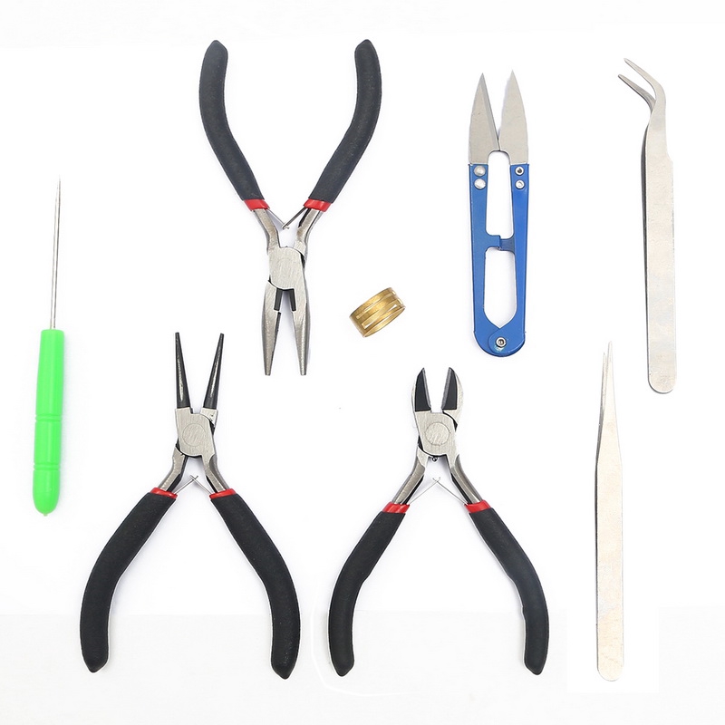 Bộ 8 phụ kiện có kiềm và kéo đính hạt làm đồ trang sức DIY có túi đựng màu đen 155x110x35mm