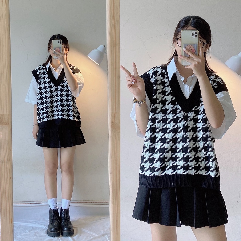 Áo gile nữ len ulzzang cổ V họa tiết hình nhện bazic Hàn Quốc