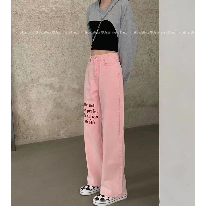Quần Jeans Lưng Cao Ống Rộng Màu Hồng Plus Size Thời Trang Mùa Thu Cho Nữ