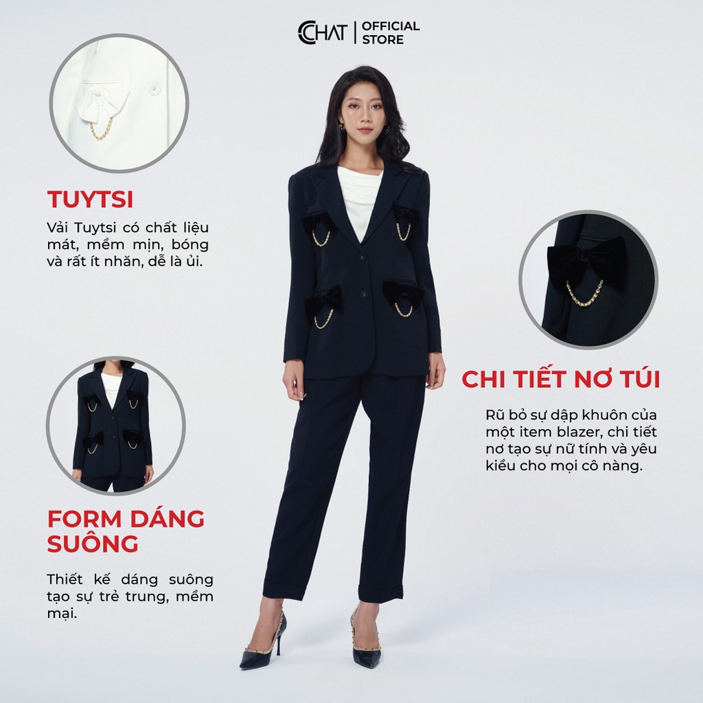 Áo Blazer Nữ 𝐂𝐂𝐇𝐀𝐓 Dáng Suông Phối Nơ Dáng Suông Phong Cách Trẻ Trung Thanh Lịch 21EHS8015ST