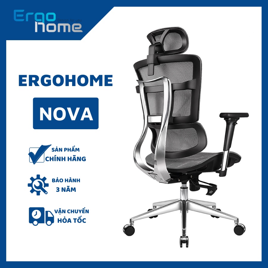 Ghế Nova làm việc văn phòng công thái học Ergonomic, bảo vệ cột sống piston 4 cấp, khung kim loại - ERGOHOME
