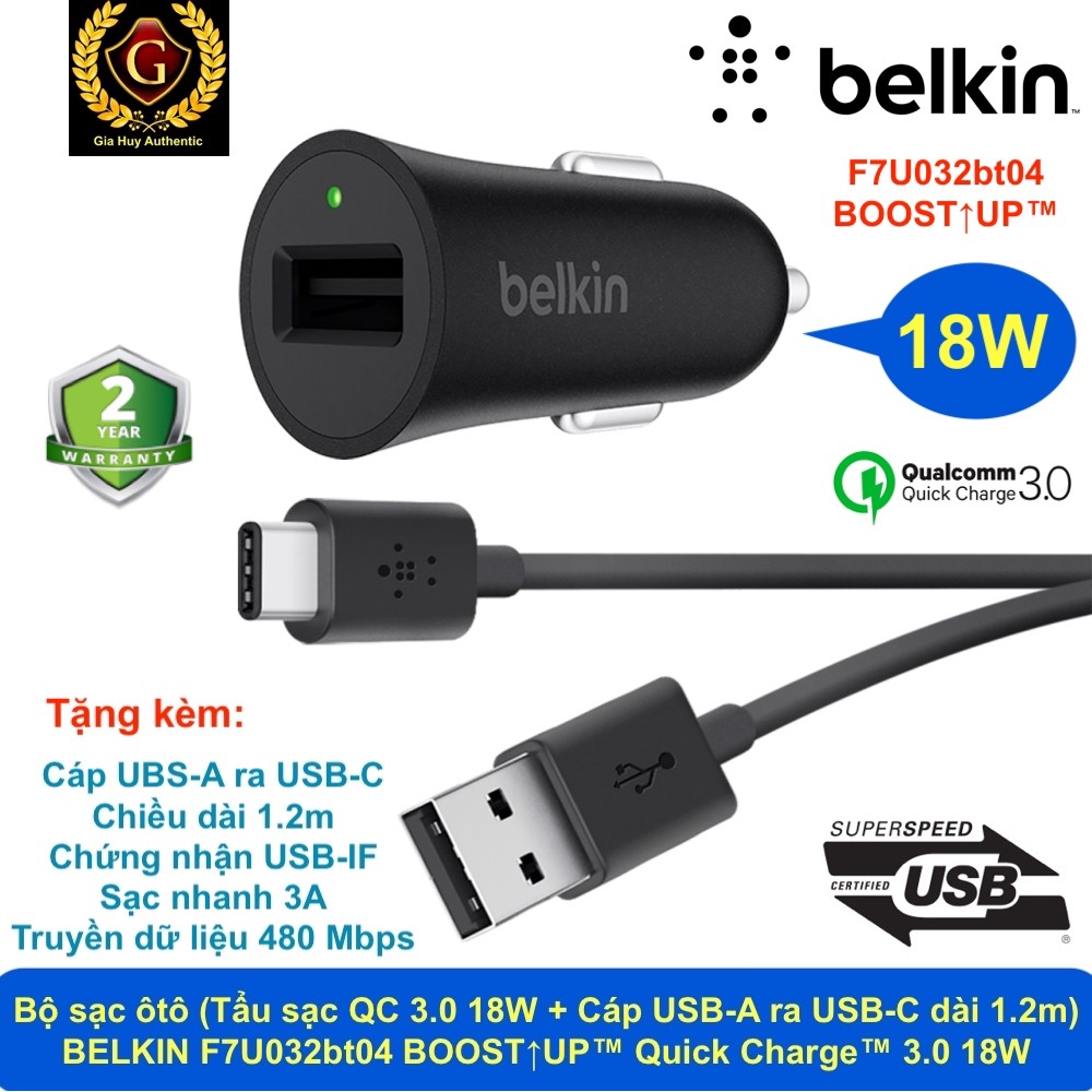 Tẩu sạc ôtô sạc nhanh điện thoại Android, S10, A71, A51 BELKIN F7U032bt04 BOOST↑UP™ Quick Charge™ 3.0 18W