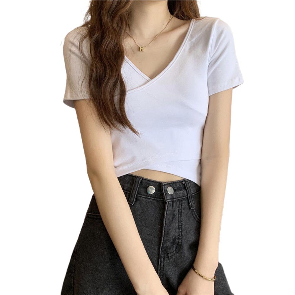Áo thun cotton tay ngắn cổ chữ v màu trơn mềm mại thời trang mùa hè cho nữ
