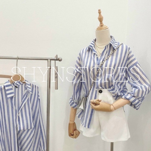 Áo sơ mi nữ dài tay kẻ xanh Shynstores form rộng vải tơ đũi mỏng nhẹ mát