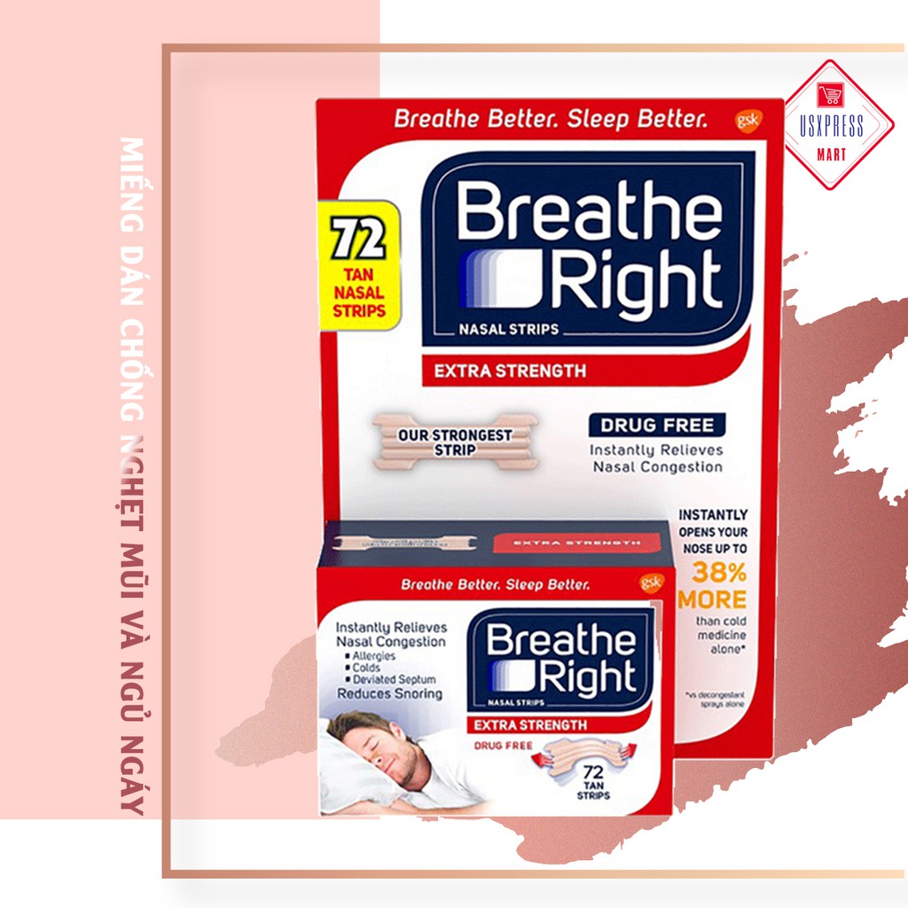 Miếng Dán Chống Nghẹt Mũi Và Ngủ Ngáy Thương Hiệu BREATHE RIGHT® 100% Hiệu Quả Tức Thì, Nhập Khẩu USA .