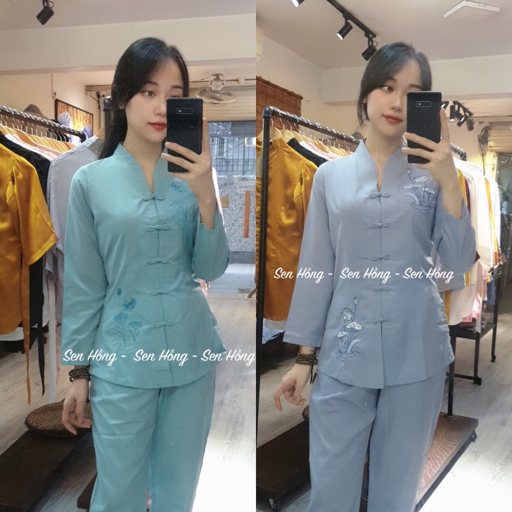 Đồ lam đi chùa giá sỉ # Pháp phục nữ truyền thống bà lai thêu hoa sen # hàng loại 1 phom dáng chuẩn Sen Hồng - mã B4